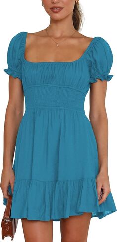 BELONGSCI Women's 2024 Summer Dress,Square & Sweetheart Neck Dress Short Puff Sleeve A-Line Casual Mini Dress in Saudi Arabia