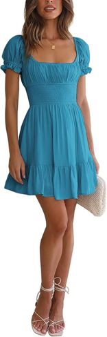 BELONGSCI Women's 2024 Summer Dress,Square & Sweetheart Neck Dress Short Puff Sleeve A-Line Casual Mini Dress in Saudi Arabia