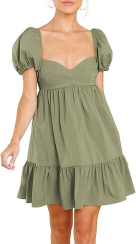 BELONGSCI Women's 2024 Summer Dress,Square & Sweetheart Neck Dress Short Puff Sleeve A-Line Casual Mini Dress in Saudi Arabia