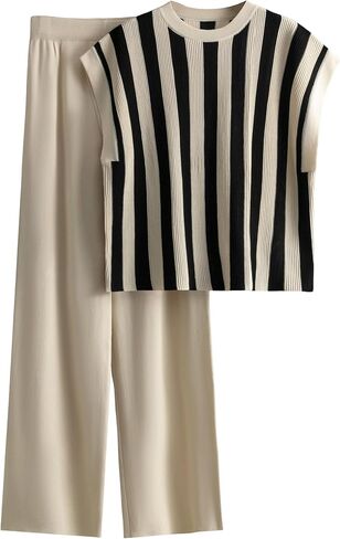 Bianstore Women's 2 Piece Outfits Short Sleeve Knit Pullover Stripe Sweater Top Wide Leg Pants Lounge Sets in Kuwait