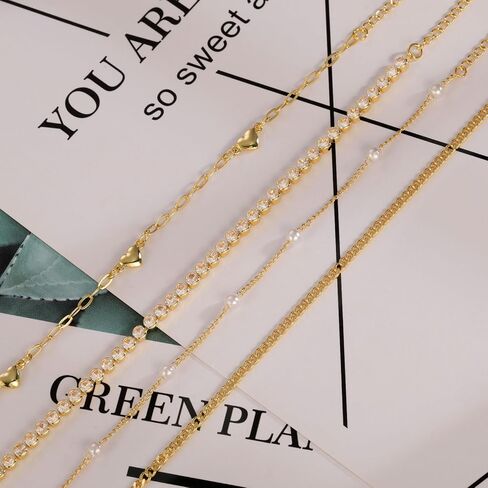 Gold Bracelets for Women,14K Gold Plated Dainty Bracelet Chain Sets Stackable Bracelets for Women Adjustable Bracelet Pack Gifts for Women Girls in Kuwait