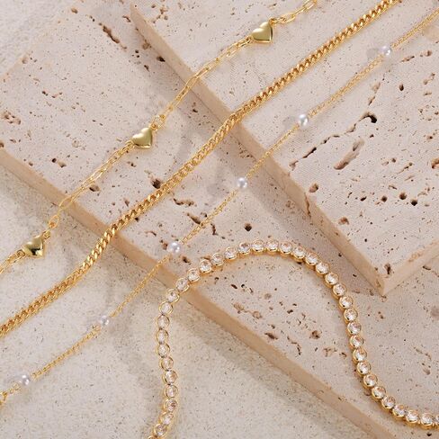 Gold Bracelets for Women,14K Gold Plated Dainty Bracelet Chain Sets Stackable Bracelets for Women Adjustable Bracelet Pack Gifts for Women Girls in Kuwait