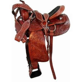 Barrel Brown Western Horse Trail Saddle Set Tooled Leather Horse Saddle with Headstall, Breast Collar Rodeo Cowboy Pleasure Riding Cowhide Comfortable Ride – in Kuwait
