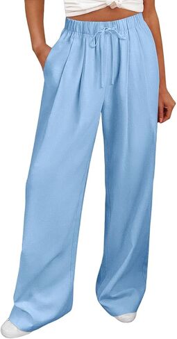 ABABC Linen Pants for Women Summer Cotton Linen Wide Leg Pants Drawstring High Waist Casual Flowy Trousers with Pockets in Saudi Arabia