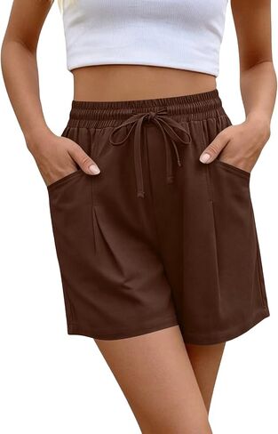 ABABC Linen Shorts for Women Casual Wide Leg High Waisted Summer Pants Comfy Elastic Waist Drawstring Shorts with Pockets in Kuwait