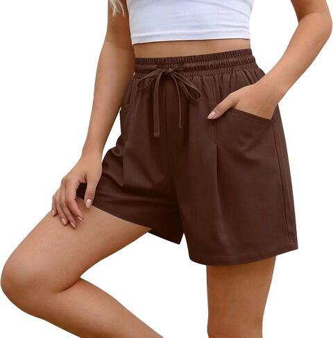 ABABC Linen Shorts for Women Casual Wide Leg High Waisted Summer Pants Comfy Elastic Waist Drawstring Shorts with Pockets in Kuwait