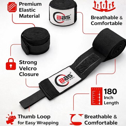 لفافات يد Busy Bee الرياضية للملاكمة 180 بوصة - لفافات MMA قطنية مرنة، Muay Thai وKickboxing - حلقة إبهام وخطاف وحلقة إغلاق - دعم المعصم والمفاصل (زوج) in Kuwait