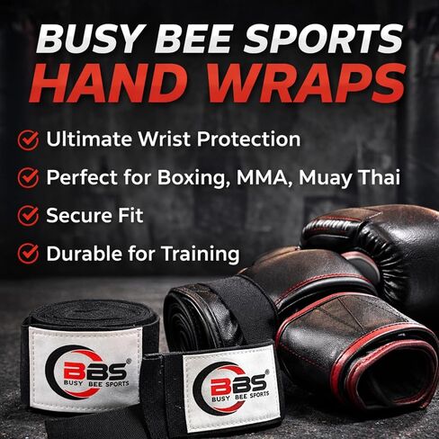 لفافات يد Busy Bee الرياضية للملاكمة 180 بوصة - لفافات MMA قطنية مرنة، Muay Thai وKickboxing - حلقة إبهام وخطاف وحلقة إغلاق - دعم المعصم والمفاصل (زوج) in Kuwait