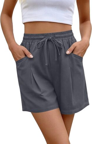 ABABC Linen Shorts for Women Casual Wide Leg High Waisted Summer Pants Comfy Elastic Waist Drawstring Shorts with Pockets in Saudi Arabia