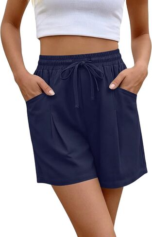 ABABC Linen Shorts for Women Casual Wide Leg High Waisted Summer Pants Comfy Elastic Waist Drawstring Shorts with Pockets in Kuwait