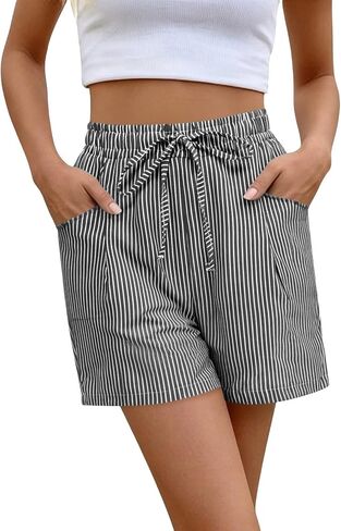 ABABC Linen Shorts for Women Casual Wide Leg High Waisted Summer Pants Comfy Elastic Waist Drawstring Shorts with Pockets in Kuwait