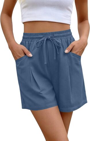 ABABC Linen Shorts for Women Casual Wide Leg High Waisted Summer Pants Comfy Elastic Waist Drawstring Shorts with Pockets in Kuwait
