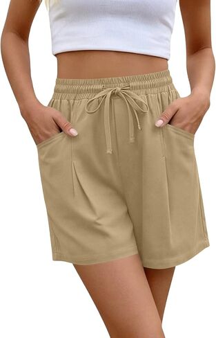 ABABC Linen Shorts for Women Casual Wide Leg High Waisted Summer Pants Comfy Elastic Waist Drawstring Shorts with Pockets in Kuwait