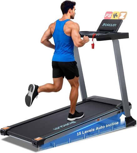 جهاز مشي BORGUSI Auto Incline للمنزل - حزام عريض طويل 47.3 بوصة × 17.5 بوصة، 3.5 حصان، تطبيق بلوتوث، 10 ميل في الساعة، سعة 300 رطل، 40 برنامجًا محددًا مسبقًا in Kuwait