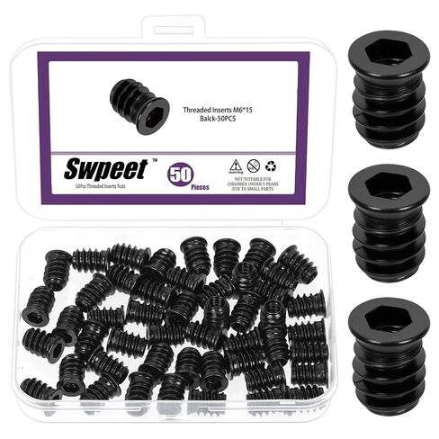 Swpeet 50Pcs M6×15 Zinc Plated Threaded Insert Nuts, Hex Drive Threaded Inserts, Internal Threads Fastener Connector, Wood Threaded Inserts for Wood Furniture Screw in Saudi Arabia