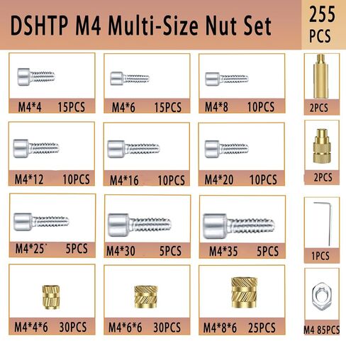 255PCS M4 Heat Set Insert Kit for 3D Printing, 60W Digital Soldering Iron with Adjustable 200-500°C Temperature, Brass Threaded Inserts, Bolts, Nuts, M4 Insert Tips for Plastic & 3D Printed Parts in Saudi Arabia