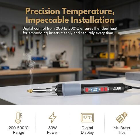 255PCS M4 Heat Set Insert Kit for 3D Printing, 60W Digital Soldering Iron with Adjustable 200-500°C Temperature, Brass Threaded Inserts, Bolts, Nuts, M4 Insert Tips for Plastic & 3D Printed Parts in Saudi Arabia