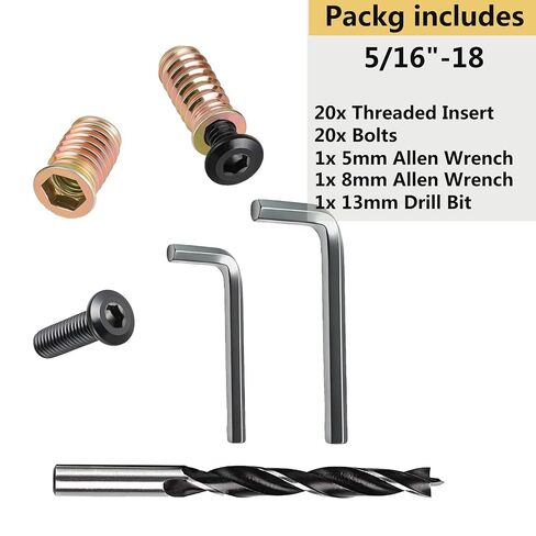 20 Sets 5/16"-18 x20mm Threaded Insert Kits for Wood Furniture - Includes Threaded Inserts and Screws, Woodworking Drill bit and 2 Hex Wrench for Woodworking & DIY Projects in Saudi Arabia