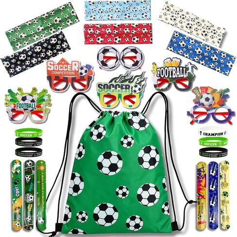 Soccer Party Favors for 2026 - 25 PCS Set with Drawstring Bag, Headbands, Glasses, Silicone Wristbands, Slap Bracelets, Match Day Football Fan Accessories Gift Set for Kids & Adults in Kuwait