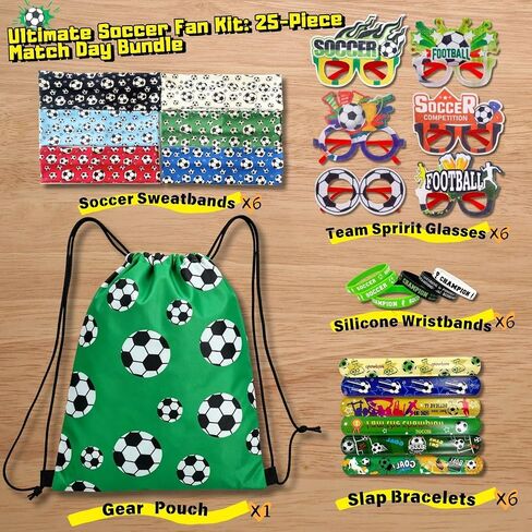 Soccer Party Favors for 2026 - 25 PCS Set with Drawstring Bag, Headbands, Glasses, Silicone Wristbands, Slap Bracelets, Match Day Football Fan Accessories Gift Set for Kids & Adults in Kuwait