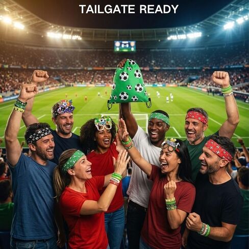 Soccer Party Favors for 2026 - 25 PCS Set with Drawstring Bag, Headbands, Glasses, Silicone Wristbands, Slap Bracelets, Match Day Football Fan Accessories Gift Set for Kids & Adults in Kuwait