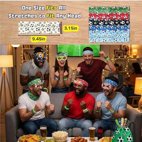 Soccer Party Favors for 2026 - 25 PCS Set with Drawstring Bag, Headbands, Glasses, Silicone Wristbands, Slap Bracelets, Match Day Football Fan Accessories Gift Set for Kids & Adults in Kuwait