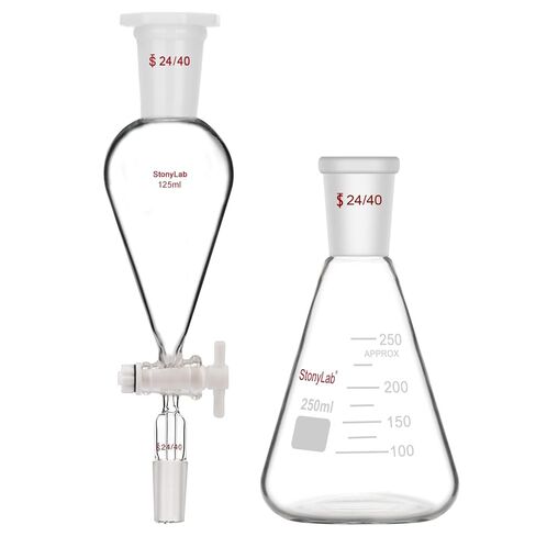 Separatory Funnel with 24/40 Joints (125 ml) Bundle with Glass Erlenmeyer Flask (250 ml) - stonylab Bundle in Kuwait
