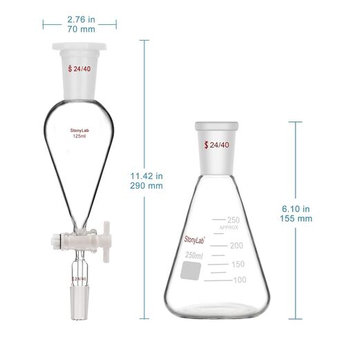Separatory Funnel with 24/40 Joints (125 ml) Bundle with Glass Erlenmeyer Flask (250 ml) - stonylab Bundle in Kuwait