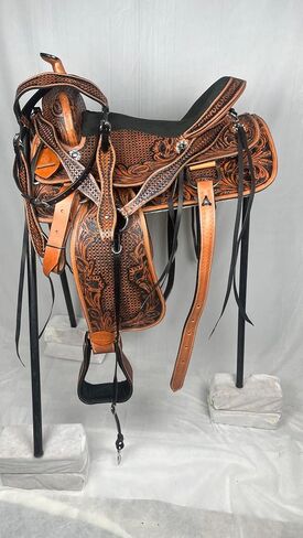 Barrel Brown Western Horse Saddle Starter Kit Premium Genuine Leather Saddle with Hand Tooled Floral Design, Comfortable Padded Seat,Complete Horse Riding Tack Set of 4 pcs in Kuwait