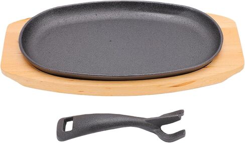 Kadimendium Oval Cast Iron Sizzling Plate with Wooden Base Rustproof Scratchproof Design for Home Kitchens 9.4x5.5x0.8in in Kuwait