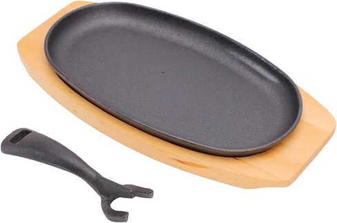 Kadimendium Oval Cast Iron Sizzling Plate with Wooden Base Rustproof Scratchproof Design for Home Kitchens 9.4x5.5x0.8in in Kuwait