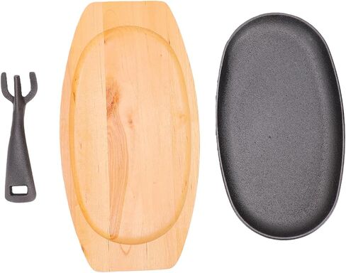 Kadimendium Oval Cast Iron Sizzling Plate with Wooden Base Rustproof Scratchproof Design for Home Kitchens 9.4x5.5x0.8in in Kuwait