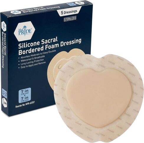 MED PRIDE Silicone Sacral Bordered Foam Dressing 7" x 7", Box of 5 Sterile EO Dressings, Waterproof Silicone Foam Wound Dressing for Moderate to Heavy Exudate, Sacral Adhesive Dressing in Saudi Arabia