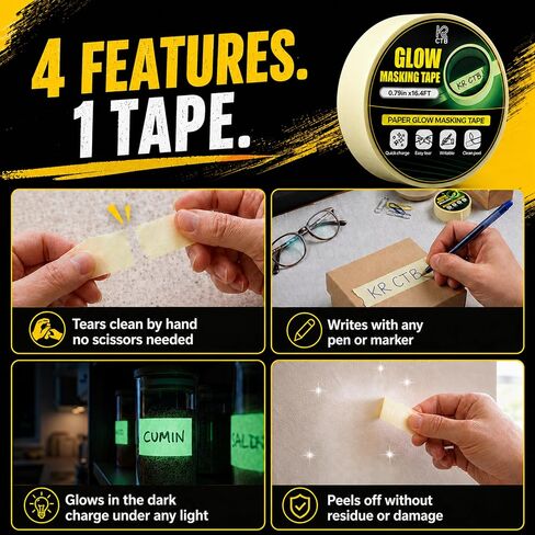 Glow in the Dark Masking Tape – Writable Neon Masking Tape, Tear by Hand, No Residue | Versatile Glow Tape for Home, Office & DIY | 0.8" x 16.4 ft, 2 Rolls in Kuwait