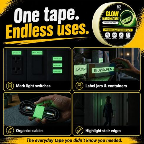 Glow in the Dark Masking Tape – Writable Neon Masking Tape, Tear by Hand, No Residue | Versatile Glow Tape for Home, Office & DIY | 0.8" x 16.4 ft, 2 Rolls in Kuwait