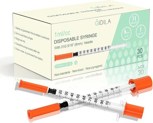 U-100 1mL/cc Disposable Syringe with 31G 5/16"(8mm) Needle | Individually Wrapped | 30 Pack in Kuwait