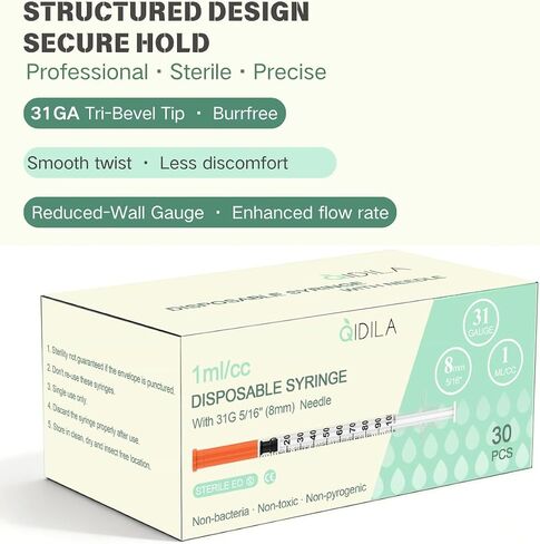 U-100 1mL/cc Disposable Syringe with 31G 5/16"(8mm) Needle | Individually Wrapped | 30 Pack in Kuwait