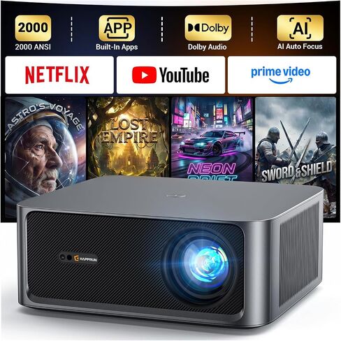 جهاز عرض 4K مع واي فاي وبلوتوث [2500 ANSI / تركيز تلقائي بالذكاء الاصطناعي / تطبيقات مرخصة رسميًا]، جهاز عرض أفلام خارجي مع نظام تشغيل تلفزيون ذكي 2.0 ودولبي، جهاز عرض المسرح المنزلي HAPPRUN للاستخدام الداخلي/الخارجي in Kuwait