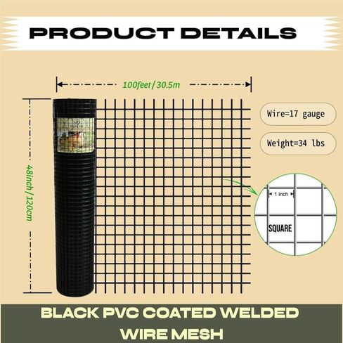 48 x 100 ft Black Hardware Cloth 1 Inch – 17 Gauge Vinyl Coated Welded Wire Mesh Roll, Heavy Duty PVC Coated Steel Fence for Garden, Chicken Coop, Outdoor Run, Animal Cage (1inch 48"x100') in Kuwait