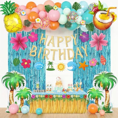 Summer Pool Beach Party Decorations, Splash Birthday Bash Party Supplies Tropical Summer Banner Beach Ball Lantern Fringe Curtain Foil Balloons Arch for Swimming Water Luau Hawaiian Party Decor(Blue) in Saudi Arabia