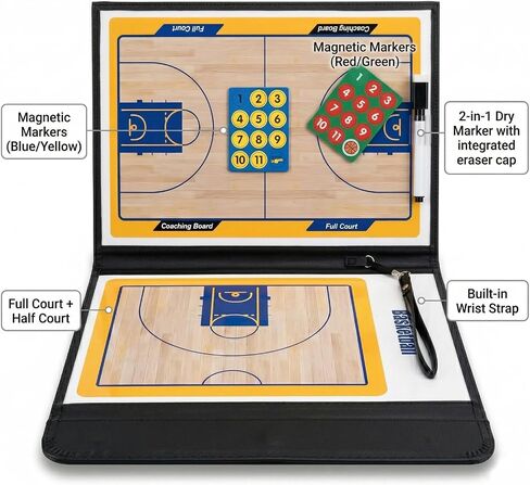 Basketball Clipboard for Coaches, Magnetic Basketball Coaching Board with Player Magnets, Double-Sided Court Tactic Board, Portable Coaching Clipboard for Game & Training, Great Gift for Coaches in Kuwait