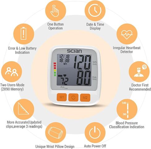 سوار ضغط الدم من SCIAN، سوار معصم لضغط الدم مع سوار معصم قابل للتعديل وشاشة LCD كبيرة 2 مستخدمين 180 ذاكرة للطبيب والاستخدام المنزلي in Kuwait