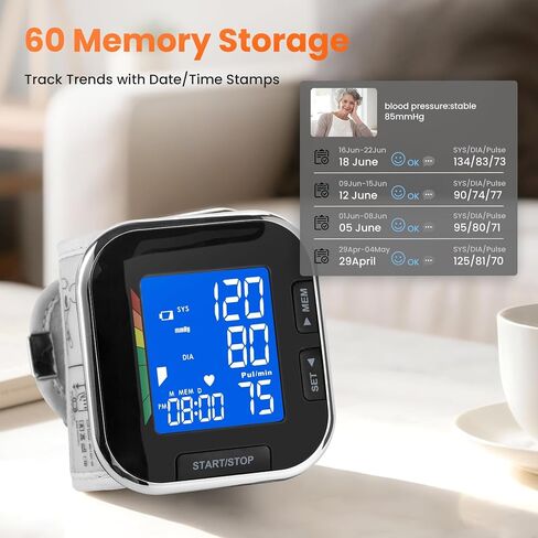 جهاز قياس ضغط الدم من المعصم مع شاشة LCD بإضاءة خلفية و60 ذكرى مختومة بالوقت | ماكينة BP الدقيقة FDA 510(k) معصم رقمي قابل للتعديل مزود ببطاريات وحقيبة حمل للاستخدام المنزلي in Kuwait