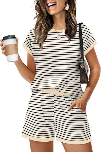 Two Piece Sets for Women Summer Lounge Short Sets Cap Sleeve Crew Neck Sweatsuit with Pocket S-2XL in Kuwait