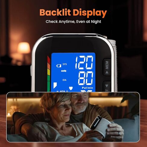 جهاز قياس ضغط الدم من المعصم مع شاشة LCD بإضاءة خلفية و60 ذكرى مختومة بالوقت | ماكينة BP الدقيقة FDA 510(k) معصم رقمي قابل للتعديل مزود ببطاريات وحقيبة حمل للاستخدام المنزلي in Kuwait