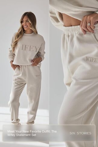 Six Stories Wifey Statement Sweatshirt and Sweatpants Set for the Stylish New Bride | Soft, Comfy & Cozy Sweatsuit with Unique Pearlescent Detailing Ideal as Anniversary or Honeymoon Gift | Small in Saudi Arabia