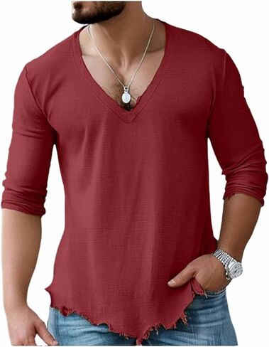 Vintage Shirts for Men Frayed Raw Hem V Neck Cotton Tops Long Sleeve T Shirts Casual Summer Beach Vacation Yoga Tees in Kuwait