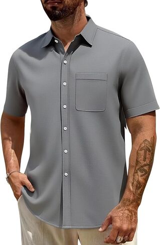 Mens Button Down Shirt Short Sleeve Casual T-Shirt for Work Travel Lightweight Summer Spring Beach Vacation Top in Kuwait