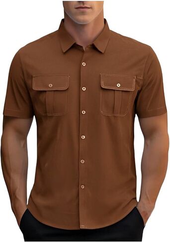 Mens Button Down Shirt Short Sleeve Casual T-Shirt for Work Travel Lightweight Summer Spring Beach Vacation Top in Kuwait