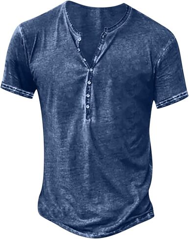 Mens Distressed Henley Shirts Fashion Retro Short Sleeve Cotton Tee Shirts Casual Button Down Washed T-Shirts in Kuwait